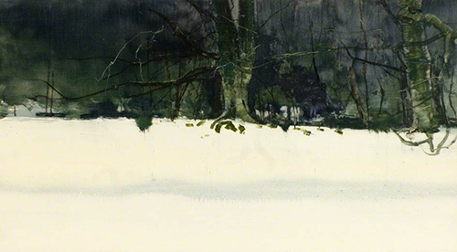 The Wood in Winter, oil on board by James Morrison (1981)